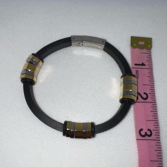 BLACK RUBBER GOLD SILVER STAINLESS STEEL BEADS CLASP BANGLE BRACELET 3” - Picture 8 of 8